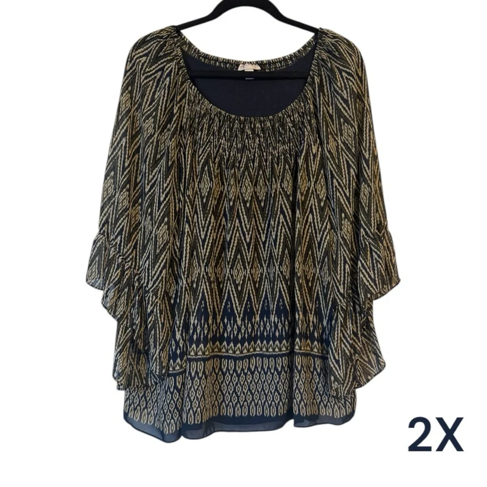 NAVY/TAN PRINT TOP w/SLEEVE DETAIL PLUS: 2X #W - Picture 1 of 12